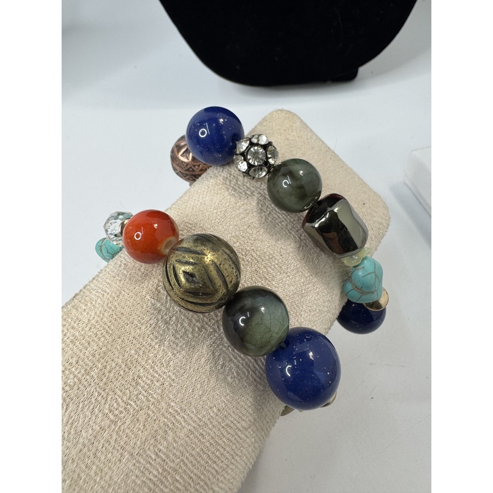 Boho Multi Bead Stretch Bracelet Set Turquoise Lapis Style Mixed Metal Accents